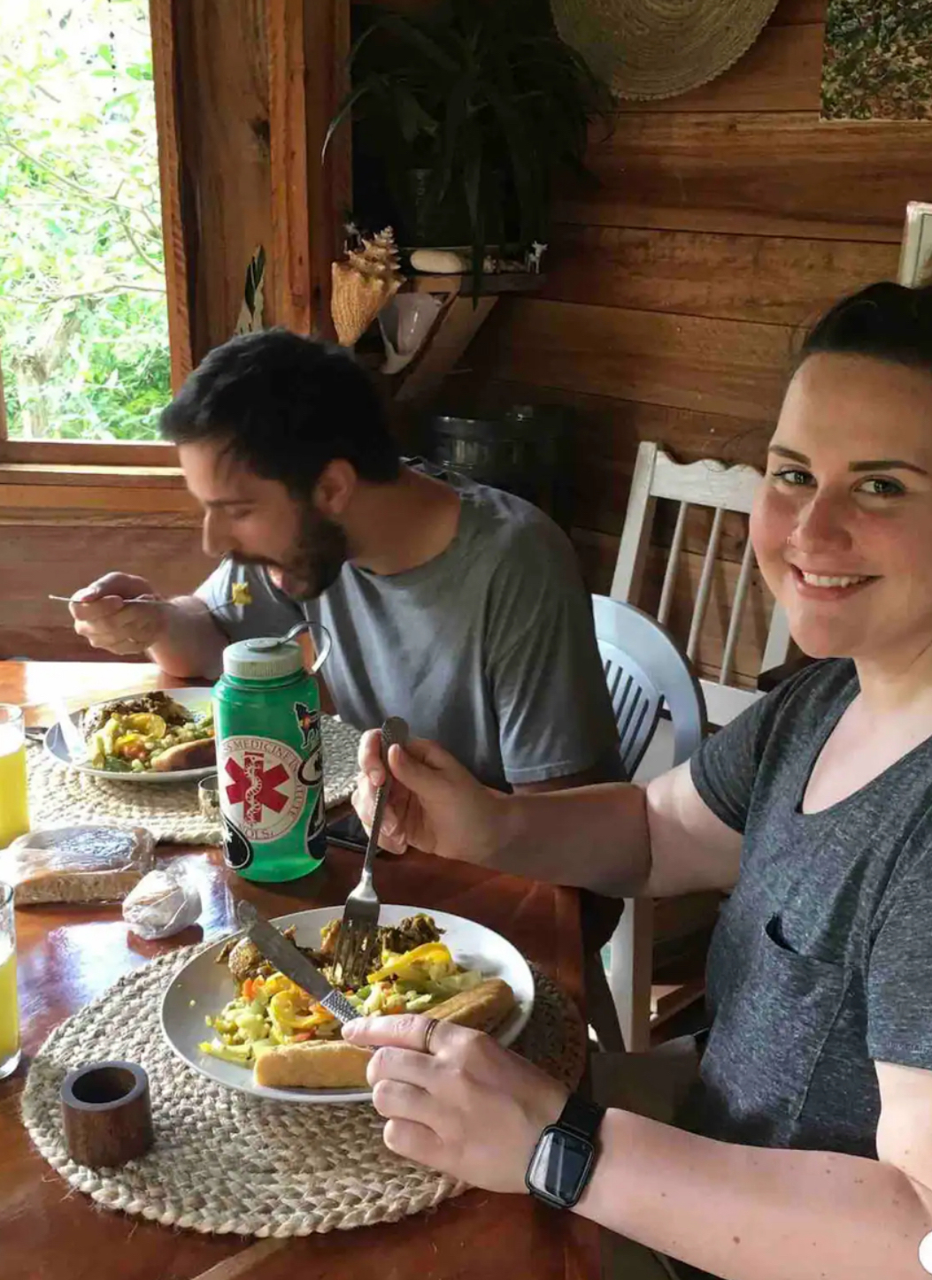 Guests, who are now friends, having breakfast in the communal kitchen