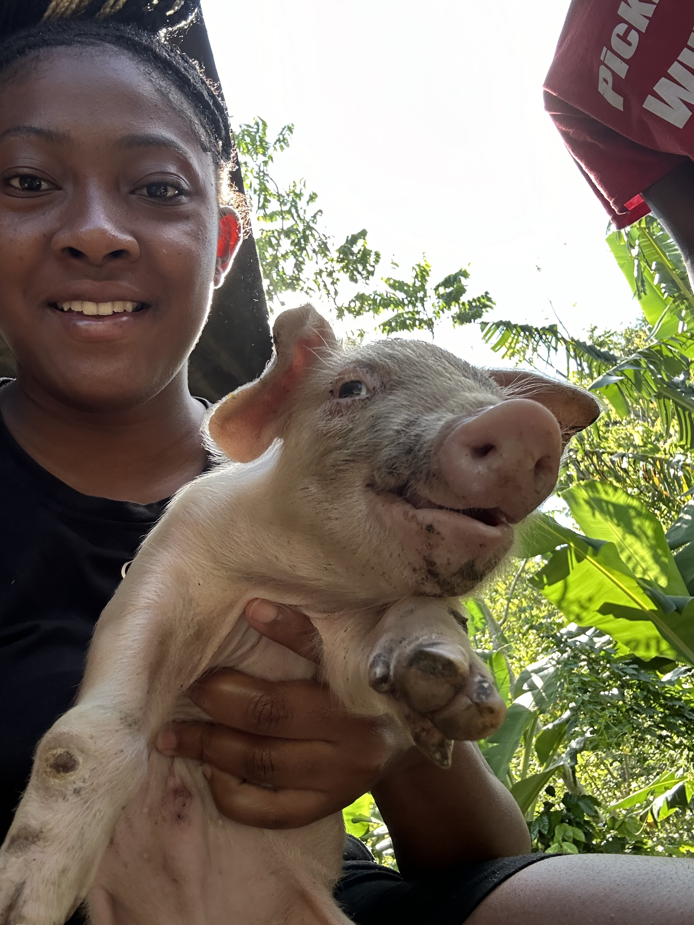 Kiara, aged 17, holding a baby piglet at the retreat